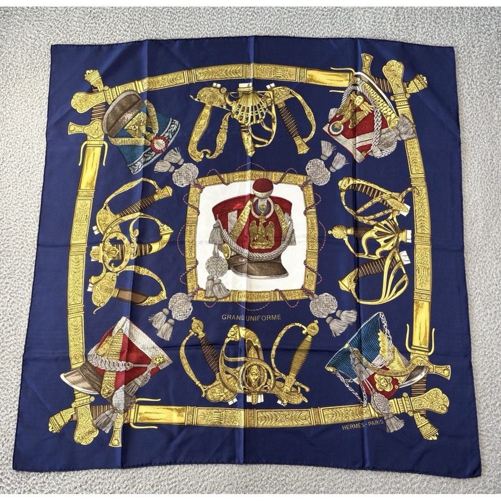 Hermes Paris Grand Uniforme By Joachim Metz Silk Scarf 35x35 Navy Blue